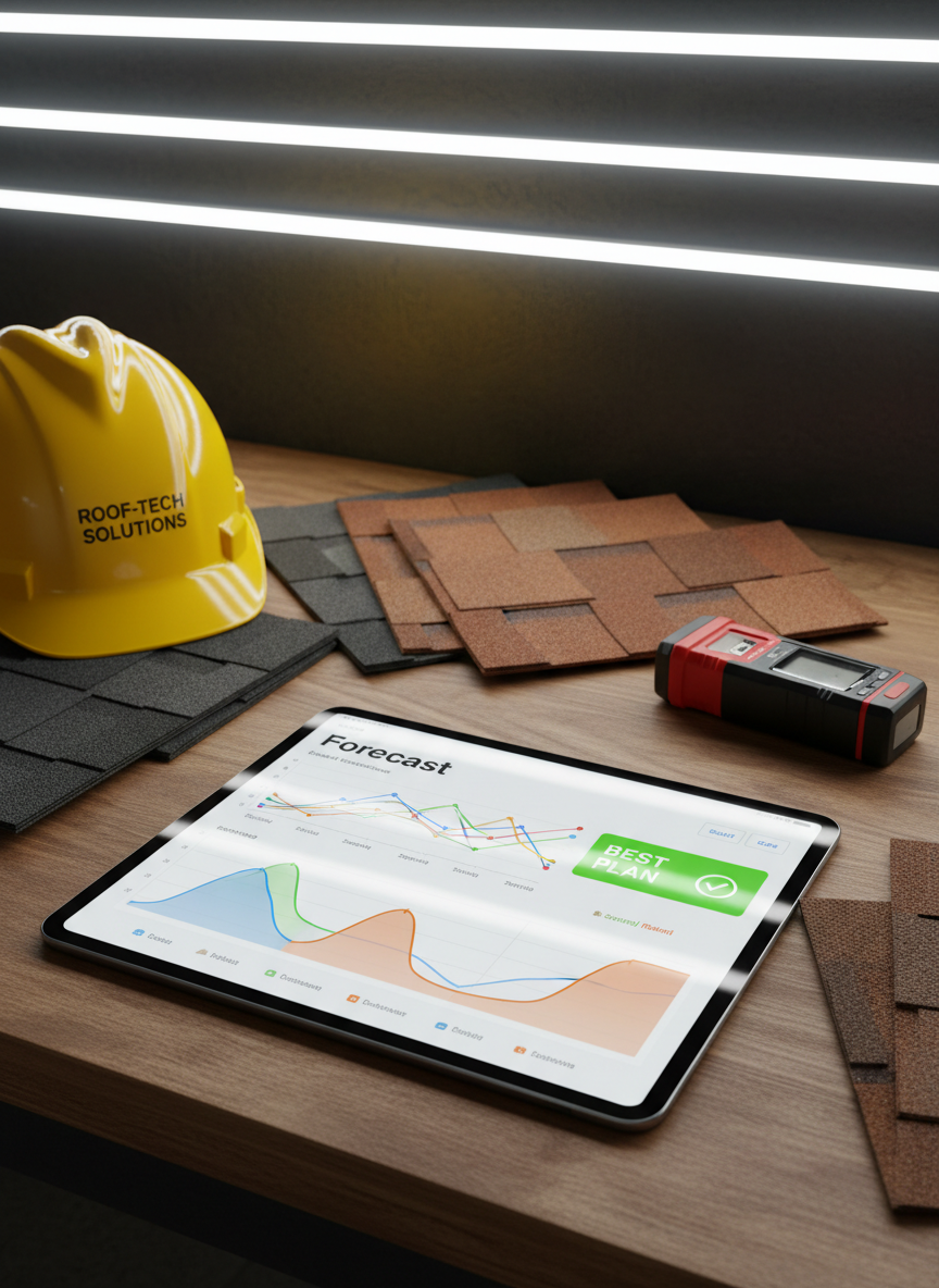 A polished tablet resting on a sturdy workbench in a tidy home service garage, its screen showing a sophisticated forecast comparison view for a roofing company, with multi-colored trend lines, seasonal demand curves, and a highlighted “best plan” scenario. Around the tablet lie neatly arranged roofing shingles samples, a laser distance measurer, and a bright yellow hard hat, all carefully placed to suggest order and professionalism. Overhead LED strip lights cast crisp, even illumination, creating subtle reflections on the tablet glass and gentle shadows across the tools. Captured from a slightly elevated angle with sharp detail throughout. The atmosphere is focused and forward-looking, emphasizing photographic realism and a professional, data-driven approach to planning sales in the home service industry.