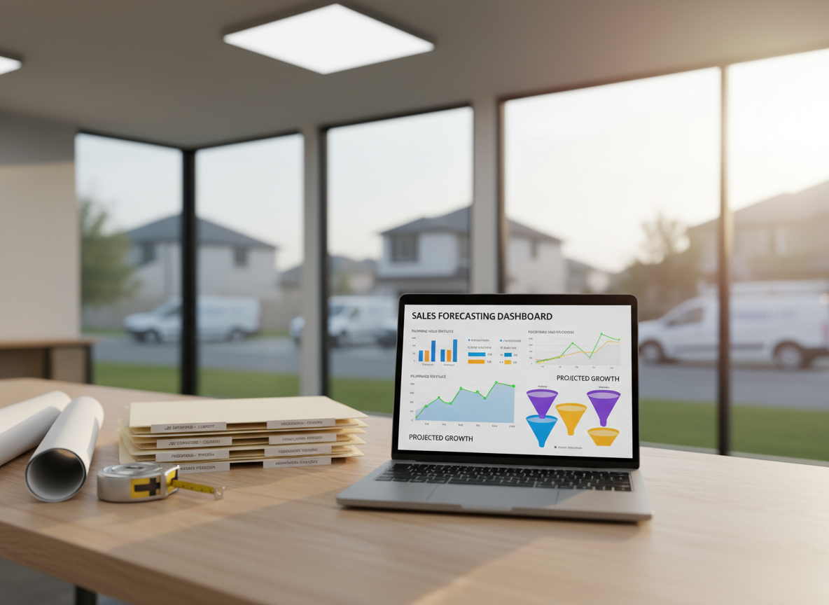 A high-end home service operations command center desk, with a sleek laptop displaying a detailed sales forecasting dashboard filled with colorful bar charts, line graphs, and projected revenue funnels for plumbing and HVAC services. Surrounding the laptop are neatly stacked job estimate folders, a tape measure, and a clean blueprint roll, all on a light wood desk. Large windows reveal blurred suburban homes and service vans outside. Soft morning daylight and a cool overhead office light create balanced, professional illumination. Shot at eye level with a shallow depth of field, focusing sharply on the data visualizations. The mood is confident and analytical, in photographic realism with a clean, modern aesthetic that communicates control, clarity, and growth planning for home service businesses.